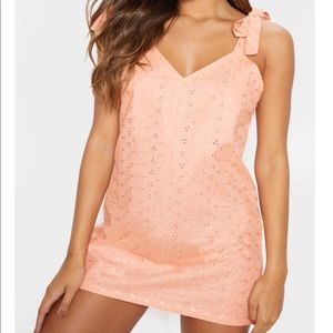 Peach Broderie Analgise Tie Shoulder Shift Dress